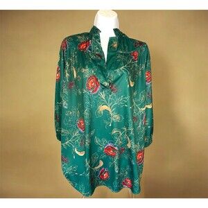 ON SHORE Beautiful Silky Green Red Gold Floral V Neck Blouse 3/4 Sleeve XL